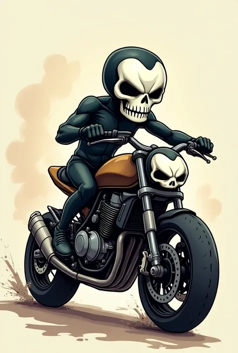 Cute cartoon of a small motorcycle rider with a monosuit but aggressive face like an evil skull, Naked style sports bike 