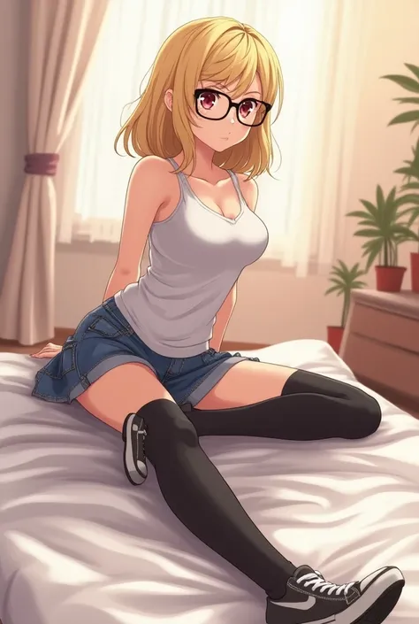  Anime girl having sex with blonde hair and glasses. . full-body image. spreading legs, Sneakers and high socks  