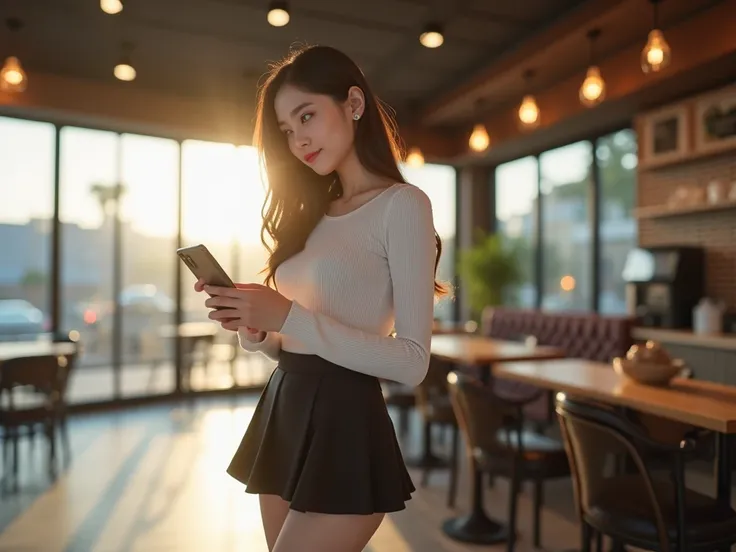 A young beautiful 175 cm. tall Korean lady, with white skin, and blue eyes, she is wearing a black mini skirt, standing in a modern coffee shop, she enjoys using a foldable smartphone (HONOR Magic V3), realistic morning light, realistic human skin textur