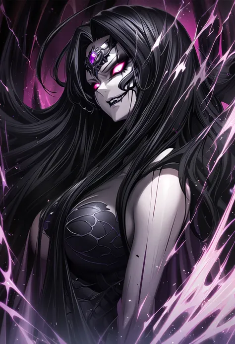 1 adult woman, black hair, long hair, very long, evil goddess, large breast, evil smile, human aspect, CG