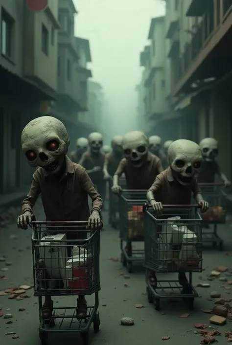  Make people and represent them like zombies buying things like appliances, The fact that they have shopping cars in their hands represents consumerism well,  do it in animation style and dark tones  