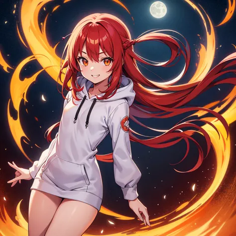 hoodie, 1girl, solo, a full moon night, Kyoto, red hair, long hair, orange eyes, flat chest, slim figure, smile, perfect anatomy