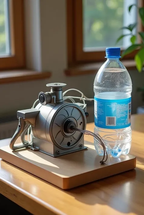 There is a small machine on the table. On the right of the machine, a pet bottle is cut and transferred to the machine like a rope while the pet bottle rotates upright. On the left, there is a reel that collects the filaments coming out of the machine and ...