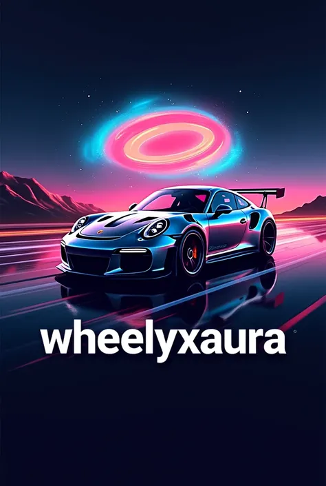 Create a logo for a car video editing page front porche 911 GT3 rs and background with name WheelyXaura 