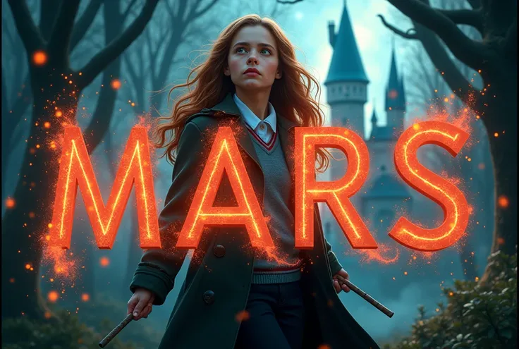 Créer une affiche ultra réaliste et détaillé en 4k avec une écriture lettre par lettre " MARS ". EN MAJUSCULE dans un style Disney 4D ultra réaliste et détaillé. 
Thème Harry Potter et HERMIONE ultra réaliste et détaillé en 4k.