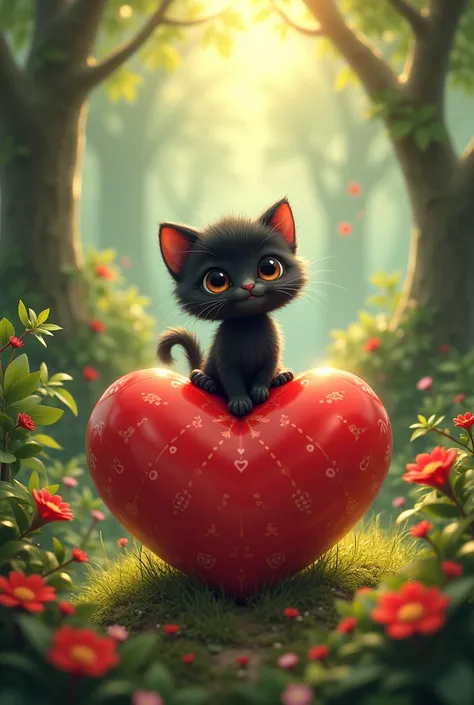 Kawaii black kitten standing on top of a red heart, in the background a forest 