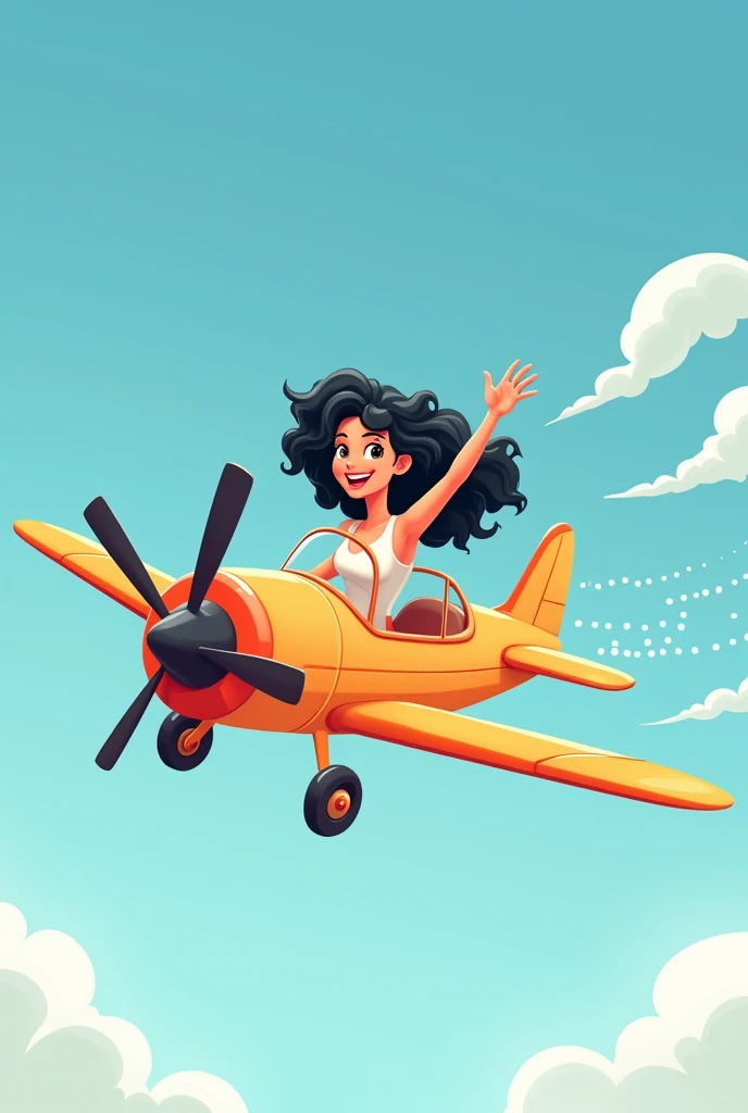 Cartoon of a woman smiling ,  long curly black hair , Waving on top of a plane sideways. The little plane leaves dotted trails