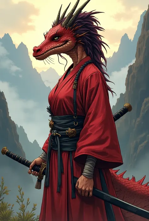 una Women de raza dragonida, THAT IT HAS NO WINGS, of dungeons and dragons , Women, big, wingless, muscular,   with marked muscles , high, Women, chunky,  with red scales ,  with a long dragon snout,.Women,  in the mountains,  with Japanese clothes,   with...