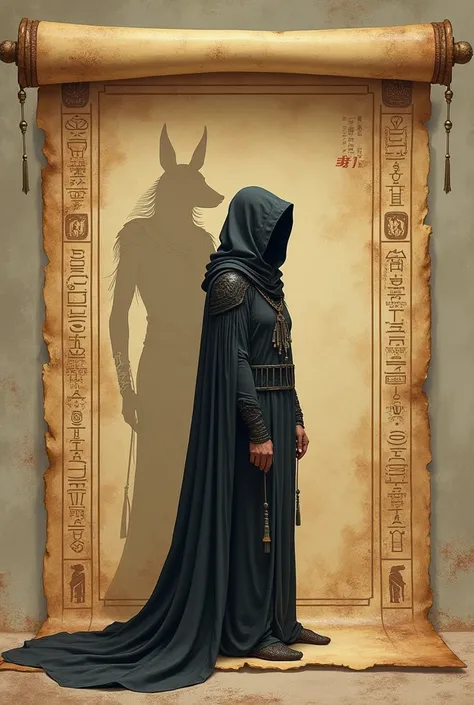 A hooded figure ,  evoking an Egyptian scribe on a scroll,  with a distorted shadow cast behind , which looks like a mythical creature  (Ex. anubis).