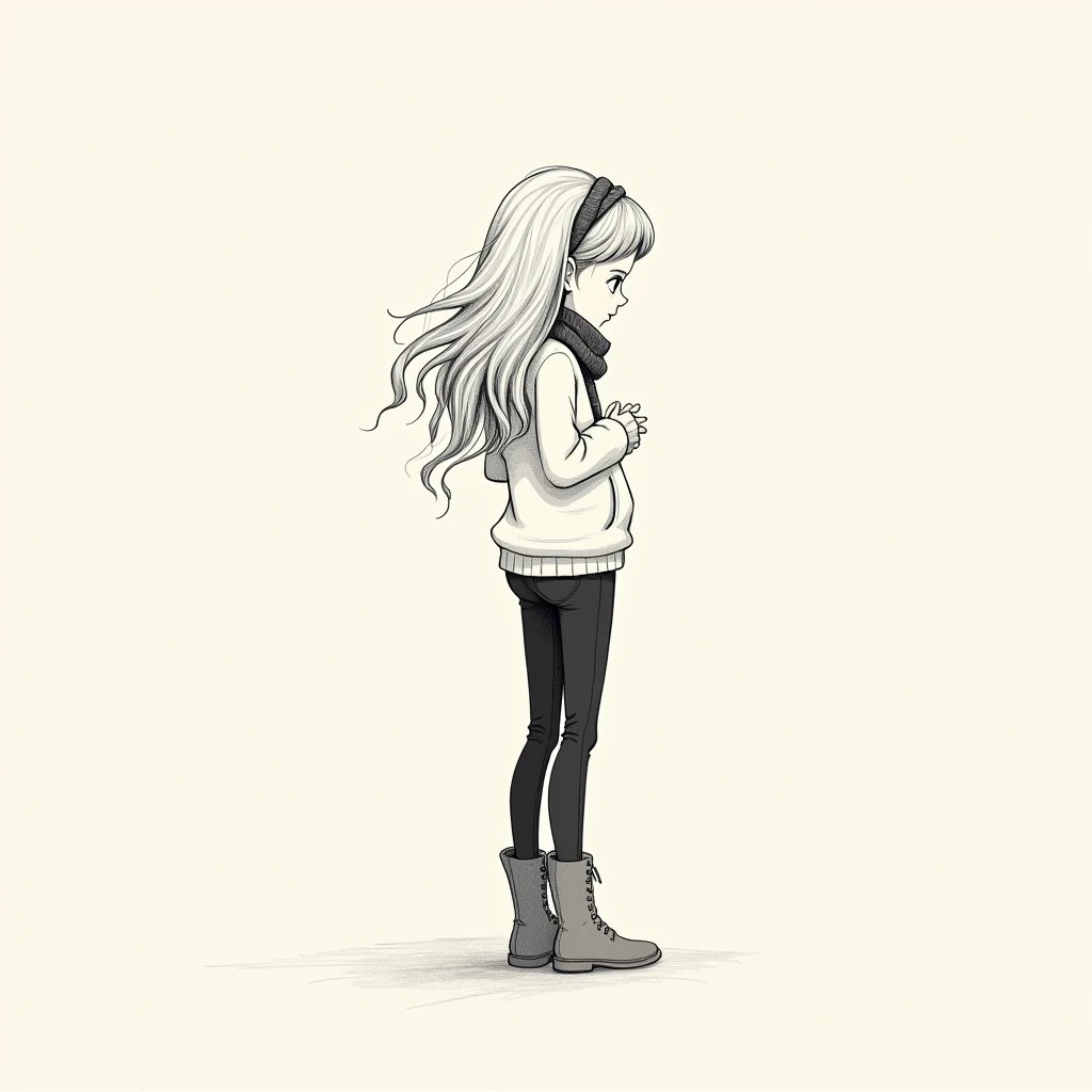 cartoon sketch, paper, soft lines, black and white sketch, female, late teen, long blonde hair, tucked-in sweater, black pants, wool scarf, hairband, ankle boots, blown hair, from behind, standing, hands on chest, cartoon, view from behind, free hair, face...