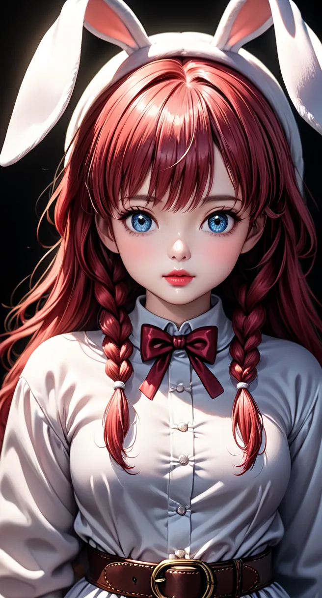 girl in a bunny costume, ran ma, long red hair, braided belt, extremely detailed, beautiful eyes, beautiful lips, beautiful faci...