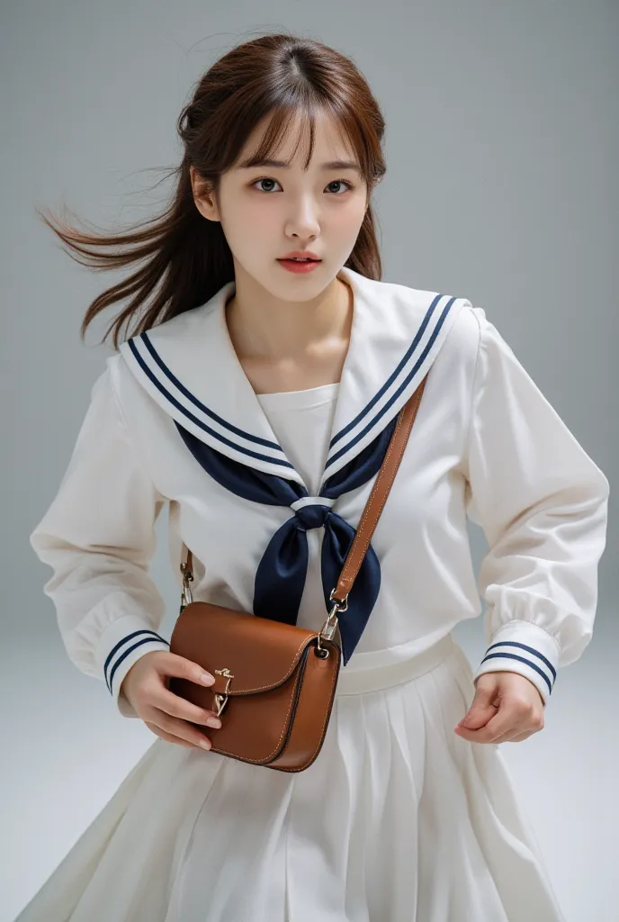 a girl running in a sailor uniform. the girl's face is a very pretty korean girl. glamorous girl, leather bag with shoulder stra...