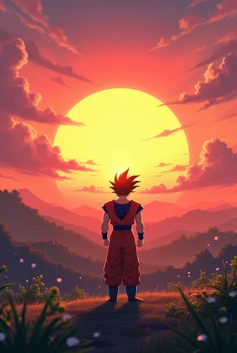 Goku watching the sunrise with a smile 