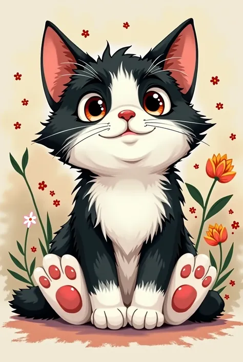 Disney-style illustration of a cute  black white cat with big feet