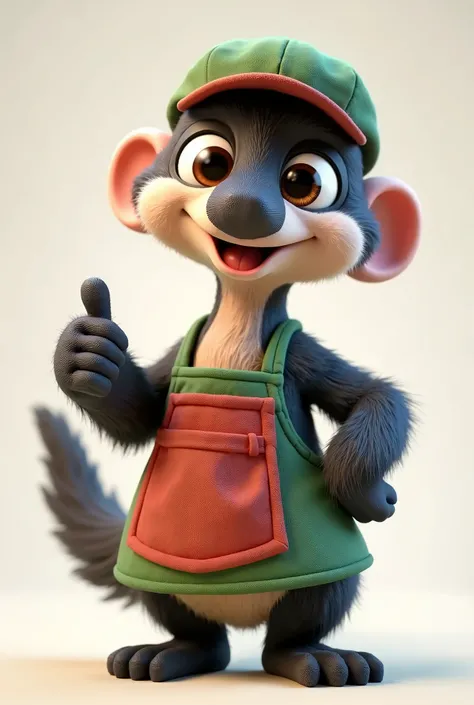 Create a full-body 3D avatar of a friendly and anthropomorphic giant anteater. It has expressive brown eyes, a warm smile, and is dressed in a green or red apron that contrasts harmoniously with its gray, black, and white fur. The anteater wears a stylish ...