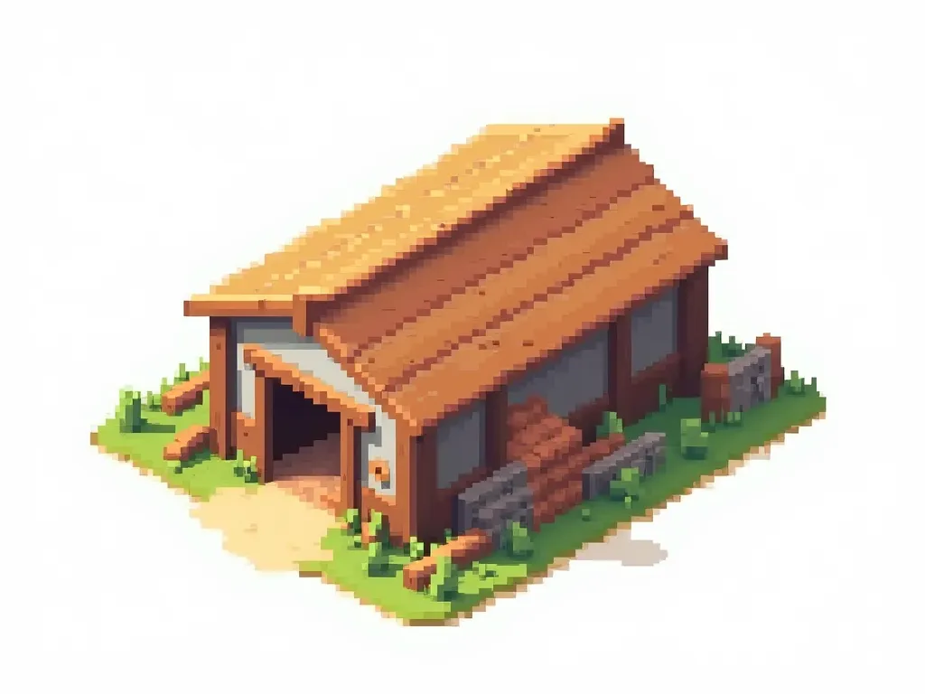  A bird's-eye view drawn in pixel art style（top-down view）rectangle building， The front of the building is completely parallel to the screen ， as a lumber yard building 。 The building has a simple and clear appearance ，Includes wood 、 elements in the style of a warehouse or cottage ， and color with natural 。 The building is displayed on a pure white background ， without floor 、 shadows or any additional elements 。The building has a clear outline，For easy use in games。