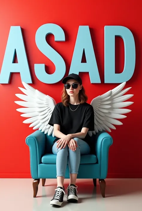 Create a3D illusion for a Facebook profile picture where a  girls a black shirt sits casually on a wingback Chair.Wearing sneakers, BOYS cricket cap,and sunalasseshe looks ahed. The background features" ASAD" in big and capital white and blue fonts the red...