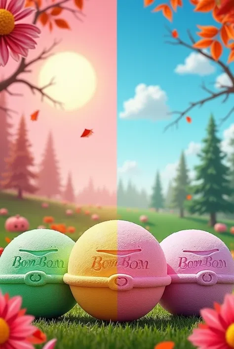 Make me an advertising poster where you can see the logo on the bath bomb the logo is called Bombom the background should be pink flowers and a sun on one side with grass and stand on the other side snow and autumn trees and Halloween be watching the bath ...