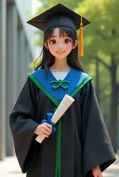 A girl graduating. She is wearing a black graduation gown with a ribbon on her chest that looks like "><" and is blue with a green border. She is holding a certificate in her hand.