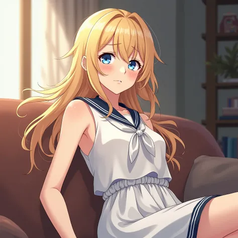 anime, anime screenshot, young adult, older teenager, illustration, anime girl, anime Style, female, long blonde hair, blue eyes, side swept bangs, sleeveless, sleeveless white sailor dress, exposed bare shoulders, white and navy neckerchief, cinched waist...