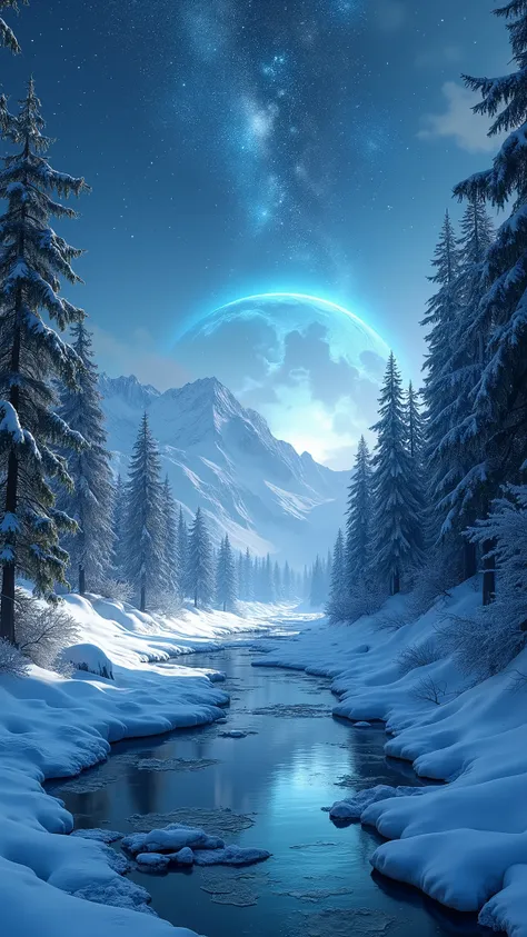 a snowy landscape with trees and stars in the sky, a matte painting, inspired by Jakub Husnik, fantasy art, epic music album cover, in an icy river, skyrim inspired, stars and moon in the sky, unreal 6 breathtaking detailed, music album cover, incredibly b...