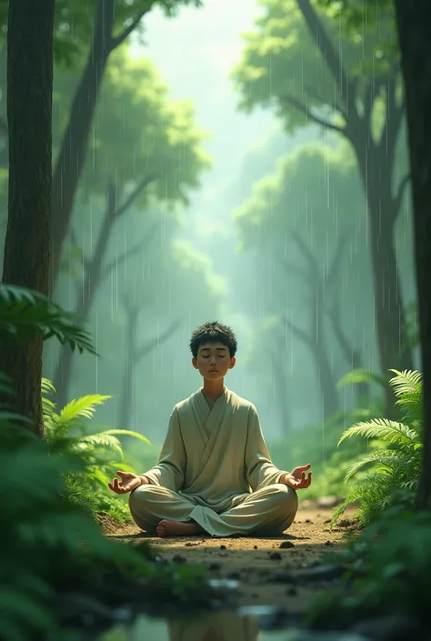 Animation meditating on rain in the middle of the forest