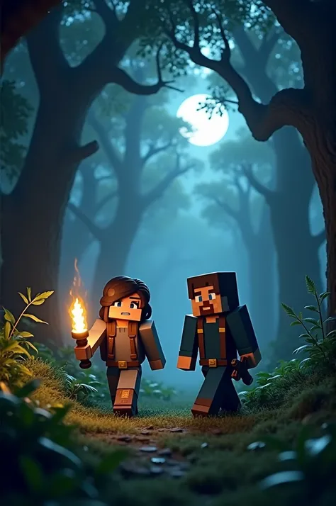 In Minecraft. The two characters enter a dark forest, only the faint light from the moon passes through the thick foliage. The effect of leaves falling around.

Characters: Alex holding a torch, Steve holding a sword, both have worried expressions. Steve (...