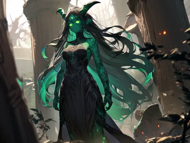 A tall and intimating druid figure with horns made of wood, a green skin with blue tribal tattoos on his body, glowing eyes and a long hair made of dark green leafs