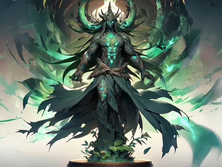 A tall and intimating druid figure with horns made of wood, a green skin with blue tribal tattoos on his body, glowing eyes and a long hair made of dark green leafs