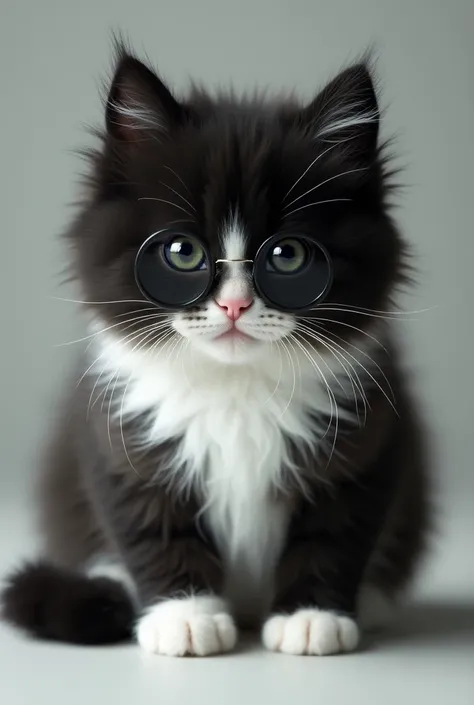 Black and white Persian kitten with black circular lenses