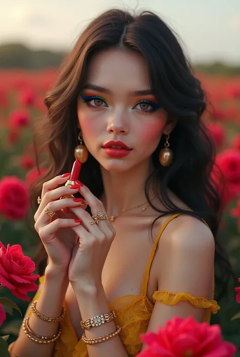 A pretty Young women her skin tone is fair and white her eyes is big and her apply blue double wing eyeliner Har nose is sharp and attractive and and lips is too small and lips colour is red extra red is lips colour and her eyeshadow is rainbow colour and ...