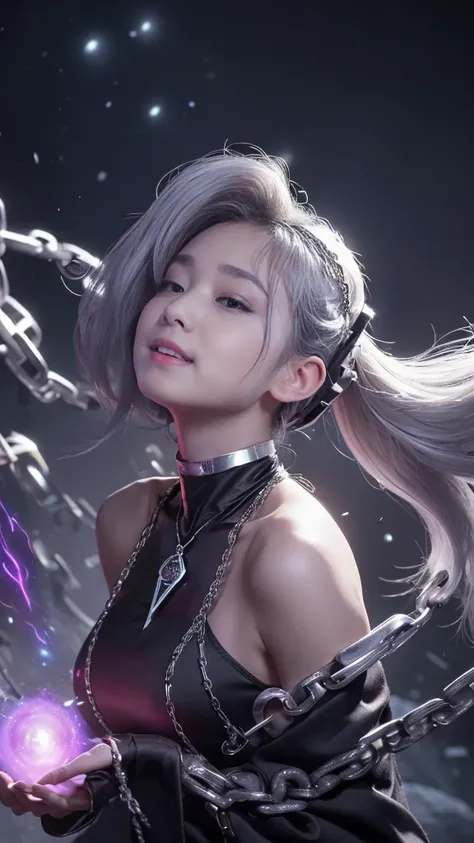 masterpiece,      Beautiful and Realistic Character Expression     , Her hair is long, Her hair is a beautiful silver color, Beautiful as silk, Clear, Glowing dimly, Ominous Light, Fox-like ears, Hairstyle:      ponytails, And bushy,      fluffy silver fox...