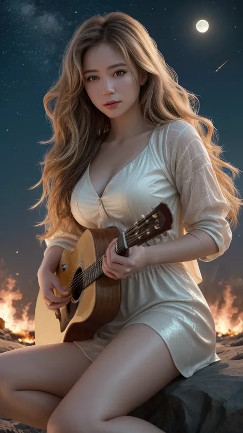 " " Create a realistic and epic scene and a high-quality image of a beautiful and elegant young woman .  Portray a white woman in a pose with wavy hair falling gently over her shoulders playing the guitar on the moon;  with a large burning meteor passing i...