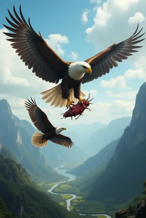 The flying thing with a piece of meat in its mouth and the eagle is angry