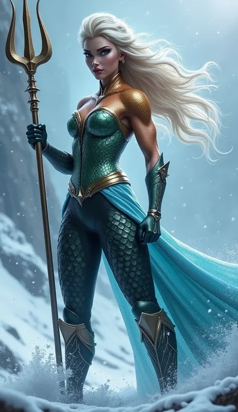 hình ảnh thực tế, Elsa wears the armor of superhero Aquaman, muscle, trident , fighting stance, blizzard
