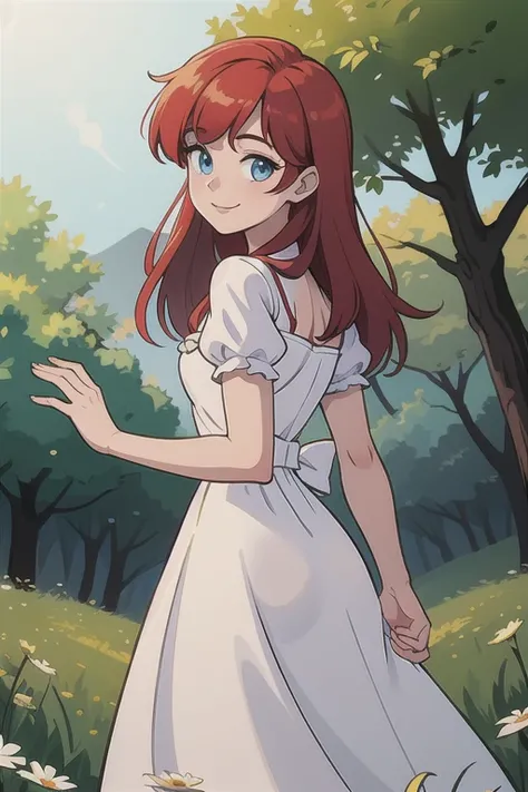 Best quality, Beautiful lighting, Ariel, long red hair, blue eyes, happy, Bare Neck, a white milkmaid dress, short sleeve, the autumn field and forest, smile, looking at viewers, masterpiece, high quality, 1girl, solo