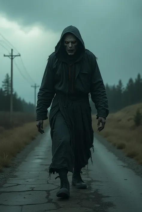 a horror man walking on an abandoned road, dark moody atmosphere, dramatic lighting, extremely detailed face and features, penetrating eyes, sharp jawline, ragged clothes, grime and dirt, cracked pavement, overgrown weeds, ominous clouds, stormy sky, (best...