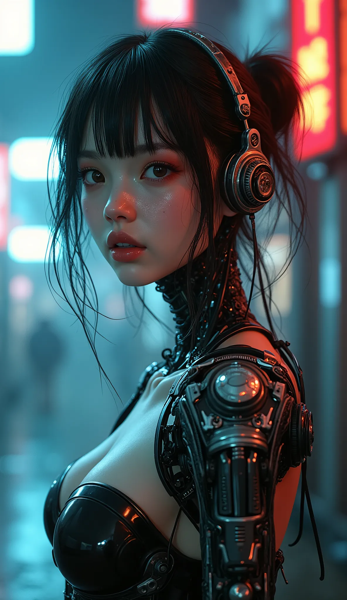 plano general de toda la escena, la chica se ve centrada en la imagen un poco alejada de la camara:1.5, Chica anime .., linda chica cyborg, partes ciberneticas, mecánica, carteles con luces de neón cables, anime ciberpunk arte digital, cyberpunk Chica anime mech, female cyberpunk Chica anime, cyberpunk Chica anime, Chica cíborg hermosa, perfect android girl, anime ciberpunk, portrait Chica anime space cadet, Chica ciberpunk de ensueño, ciberpunk digital - arte de anime, girl with mecha cybernetic armor, cyberpunk beautiful girl, chiaroscuro, depth of field, cinematic lighting, backlighting, film grain, UHD, retina, masterpiece, accurate, anatomically correct, textured skin, super detail, high details, high quality, award winning, best quality, highres, 1080P, HD, 16k