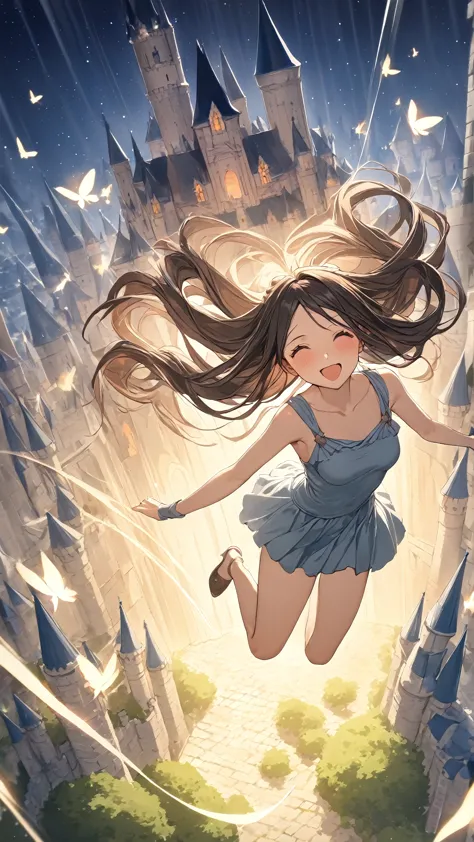 1 girl, ( cute face),  long hair, (to many hairstyle:1.2),  medium breasts, Battle Dress,  hair that flutters like,  Skin Like Pottery , break, Jumping from a height, ( light movement above a majestic castle:1.3), Streaks of light, ( Fantastic Atmosphere :1.4), break, Above a majestic castle, Floating Island々, Shining Star々, Dreamy sky, game cg, absurdres,  highres icon, ultra detailed, beautiful, masterpiece, best quality
