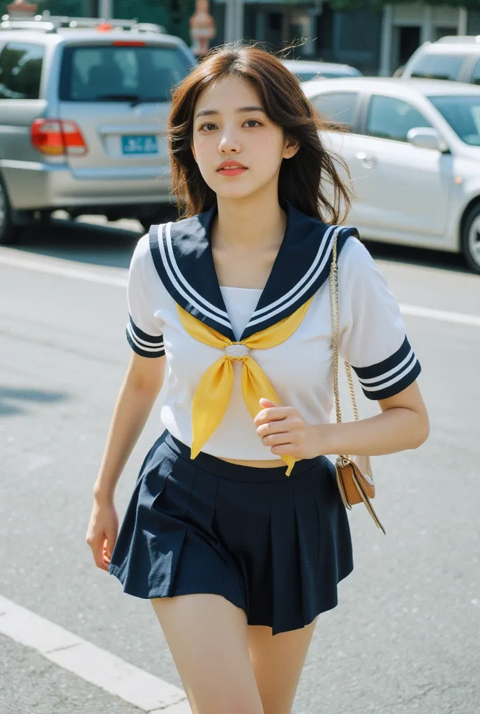 a girl running in a sailor uniform. the girl's face is a very pretty korean girl. glamorous girl, leather bag with shoulder stra...