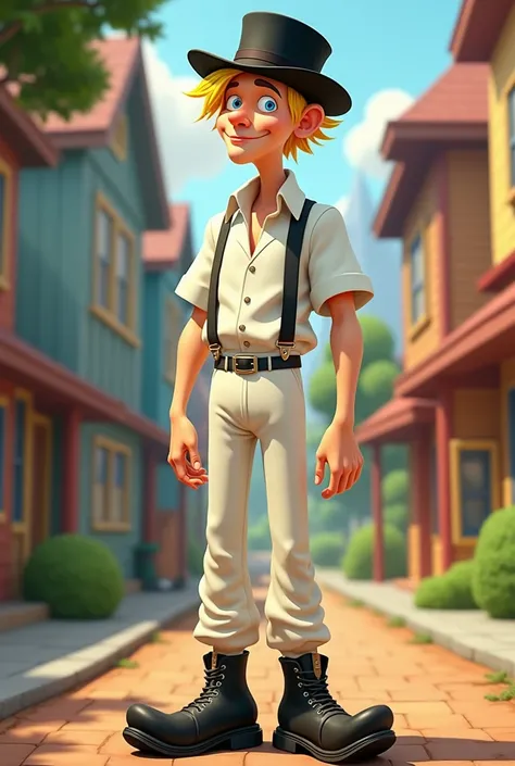 a blonde man with blue eyes wearing white shirt, white trousers, white braces and a white cricket codpiece, a black bowler hat and black bovver boots in disney style 