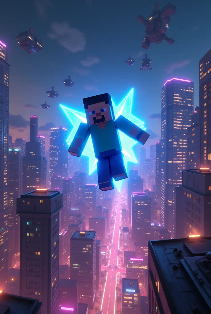   Minecraft Theme , Minecraft, flying Steve ,Shine, shining in the dark,The background is a neon city ,Night view,Character emphasis