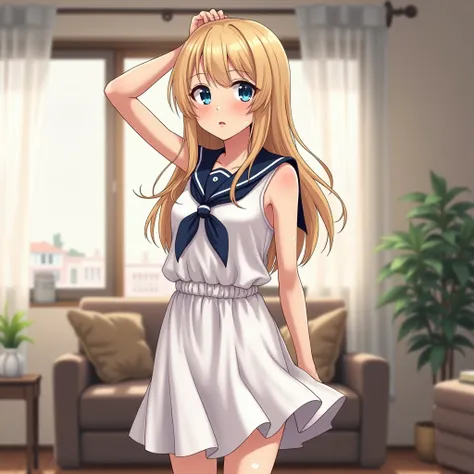 anime, anime screenshot, young adult, older teenager, illustration, anime girl, anime Style, female, long blonde hair, blue eyes, side swept bangs, sleeveless, sleeveless white sailor dress, exposed bare shoulders, navy neckerchief, cinched waist, knee len...