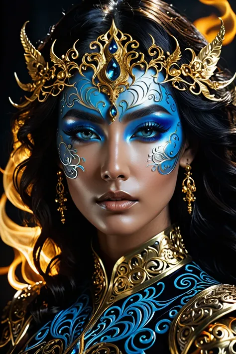 A close-up portrait of a mystical figure with a dual persona. One side of their face is adorned with intricate golden armor, detailed with elegant patterns and flourishes. The other side is engulfed in dark, organic shadows that resemble living flames or s...