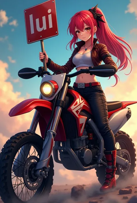 Woman with red hair Biker with brown eyes in anime on top of an enduro bike with a beautiful body holding a LUI sign 