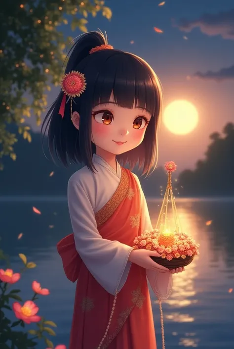 charming illustration of a young girl dressed in a traditional Thai costume holding a beautifully crafted krathong (floating flower basket) in her hands. She stands by the river on Loy Krathong night, smiling softly, with the warm glow of the full moon ref...