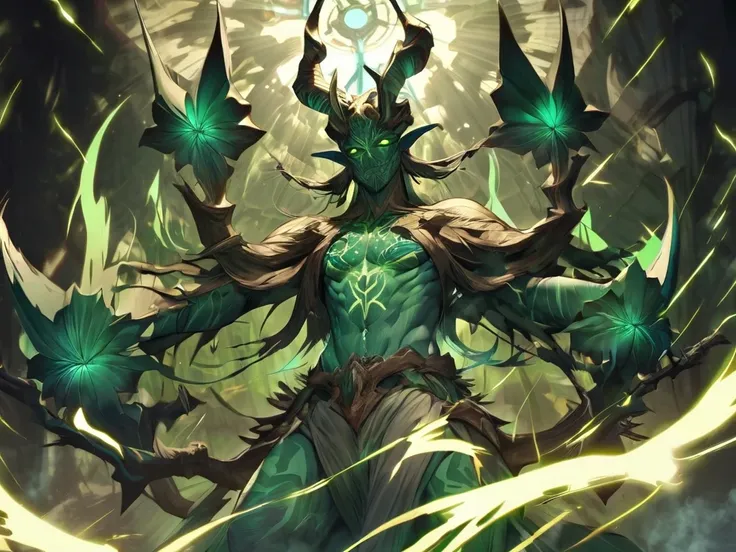 A tall and intimating druid figure with horns made of wood, a green skin with blue tribal tattoos on his body, glowing eyes and a long hair made of dark green leafs