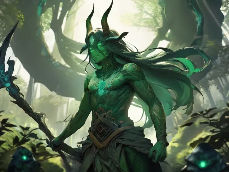 A tall and intimating druid figure with horns made of wood, a green skin with blue tribal tattoos on his body, glowing eyes and a long hair made of dark green leafs