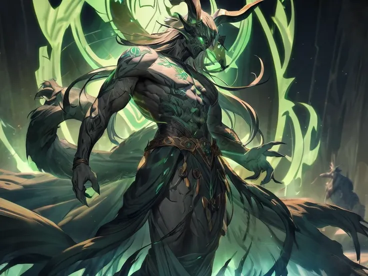 A tall and intimating druid figure with horns made of wood, a green skin with blue tribal tattoos on his body, glowing eyes and a long hair made of dark green leafs