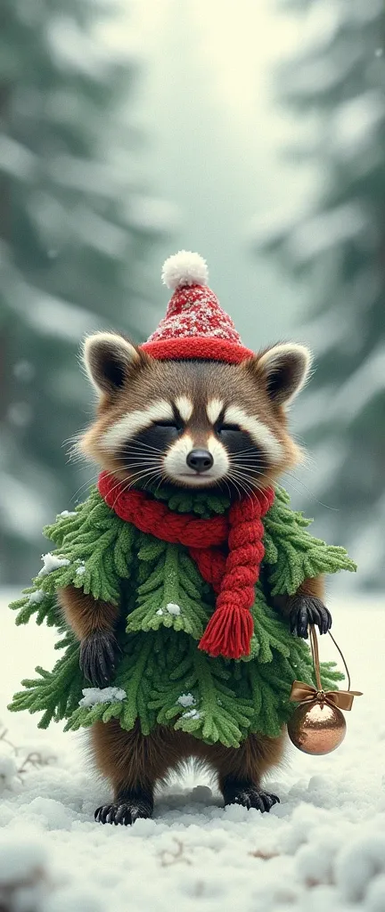 A photo of a cute, extra fluffy baby raccoon wearing a mask in a Christmas tree costume. The raccoon has its eyes closed tightly. The background is a snowy landscape with fir trees. The overall image has a retro photography style and is a HDR sketch for th...